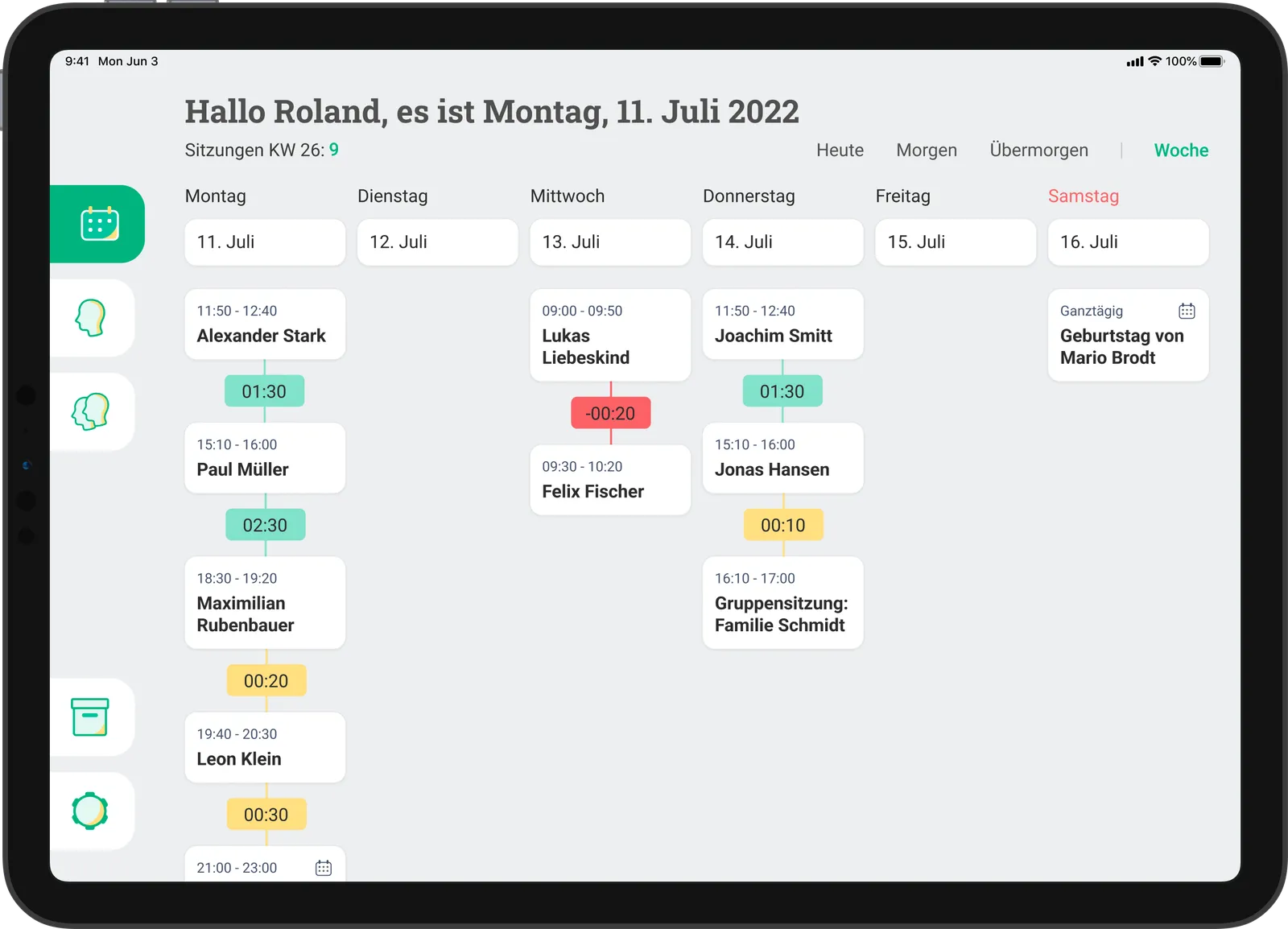 thrpy Praxisverwaltungs-App auf iPad zeigt Kalenderansicht mit Patiententermine für Therapeuten - DSGVO-konforme therapeutische Dokumentation